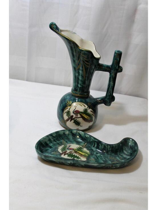 Other - Majolica Peacock Ewer Vase and Trinket Dish with Hand Painted Peacock